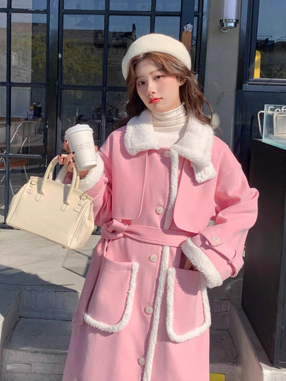 Pink lamb wool woolen coat women's winter thickened stand collar 2022 new Korean style gentle advanced woolen coat