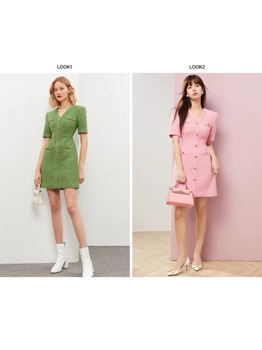 DPLAY [Black Label] 2022 Spring New French Small Fragrance V-Neck Bubble Gum Powder Tweed Dress