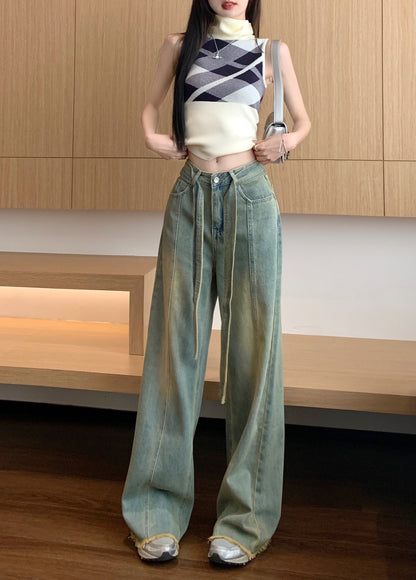 Retro old raw edge jeans women's summer high waist loose straight trousers design sense wide leg mopping pants