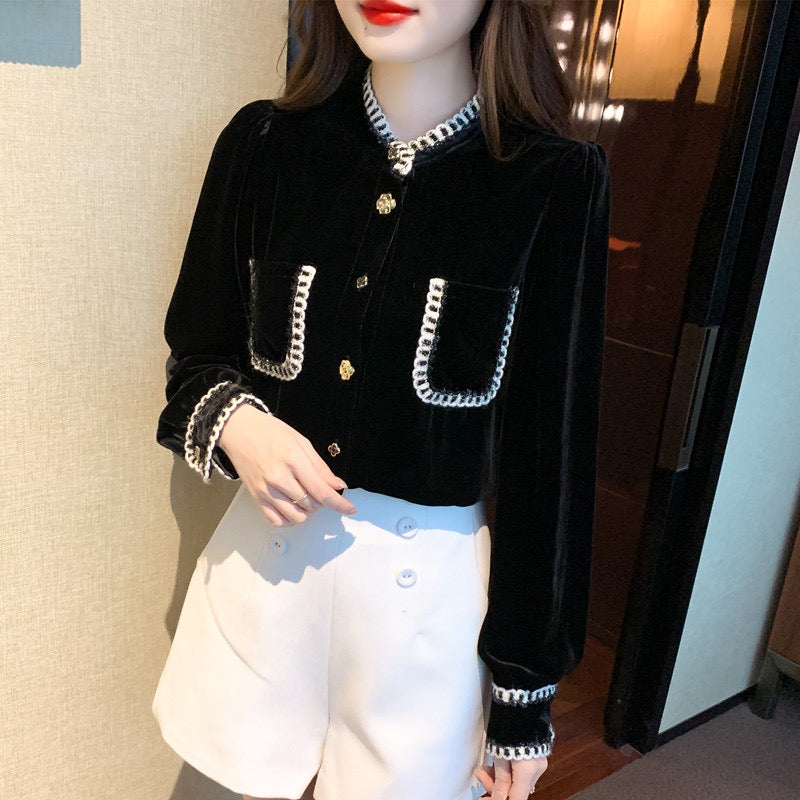 French style small fragrance high-end black velvet shirt women's 2023 new autumn and winter plus velvet thick temperament top
