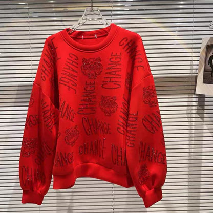 Net red with the same style 2022 autumn new full body letter rhinestone hot diamond shiny round neck pullover sweater top women's tide