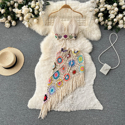 Summer bohemian style knitted hollow hook flower halter neck V-neck tube top + irregular skirt two-piece suit