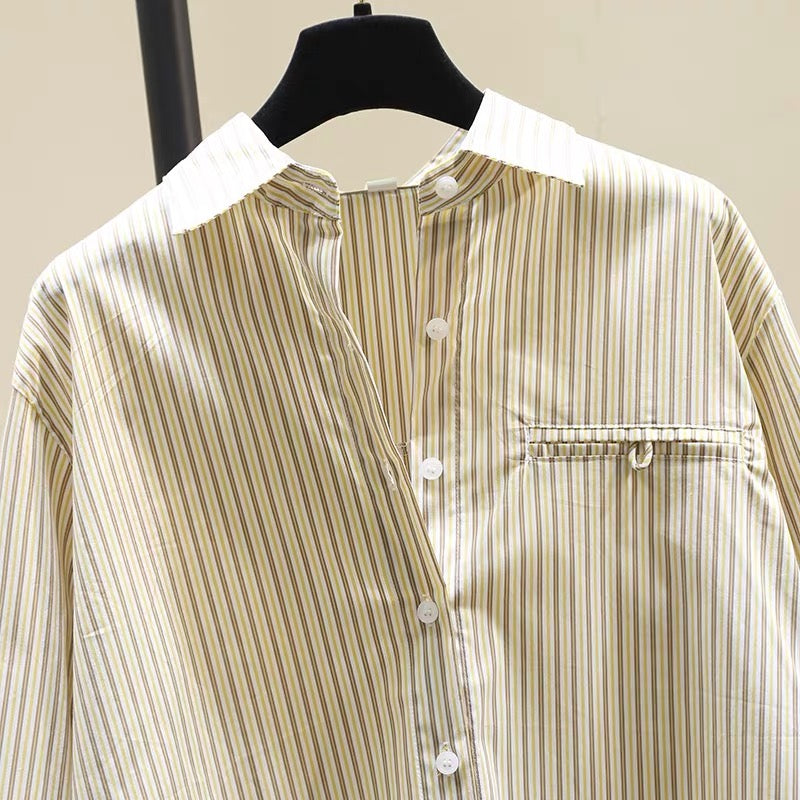 Yellow striped lapel shirt women's 2022 early autumn new Korean version loose casual long-sleeved shirt sunscreen shirt top