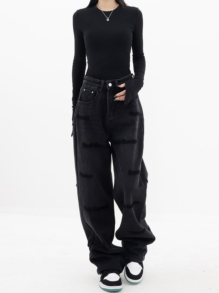 KEN STUDIO star with the same style plus velvet thickened flocking jeans women's winter wide-leg straight casual pants pants