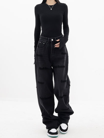 KEN STUDIO star with the same style plus velvet thickened flocking jeans women's winter wide-leg straight casual pants pants