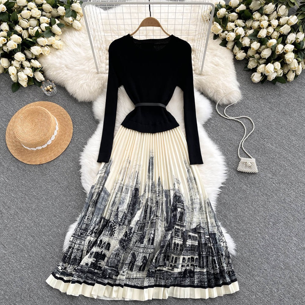 Hepburn style French early autumn fashion dress female waist slimming ink painting print stitching knitted pleated long skirt