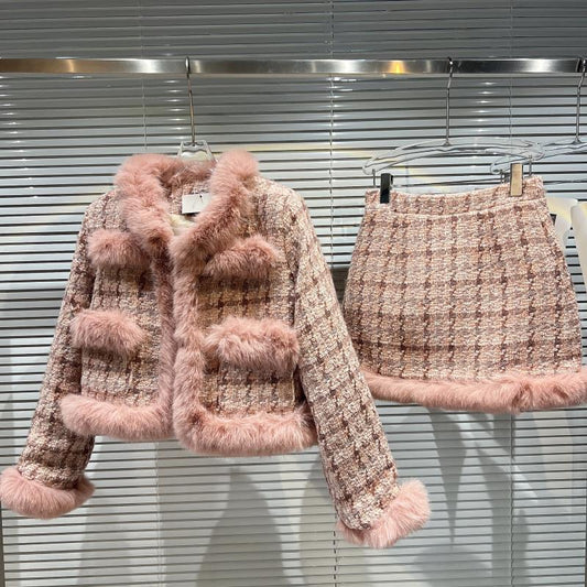 Internet celebrity with the same style 2022 winter new style Xiaoxiang style environmental protection raw tweed jacket short skirt quilted suit