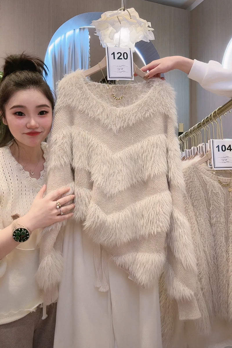 Autumn and winter Korean version loose slim lazy wind sweater mink velvet bottoming shirt women spring and autumn sweet outerwear fur coat