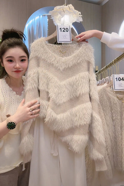 Autumn and winter Korean version loose slim lazy wind sweater mink velvet bottoming shirt women spring and autumn sweet outerwear fur coat