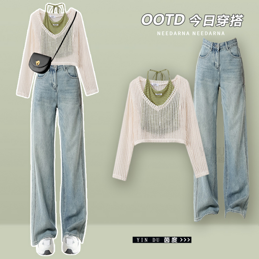This year's popular salt-based light-cooked top suit 2023 new women's Hong Kong style jeans high-end summer three-piece suit
