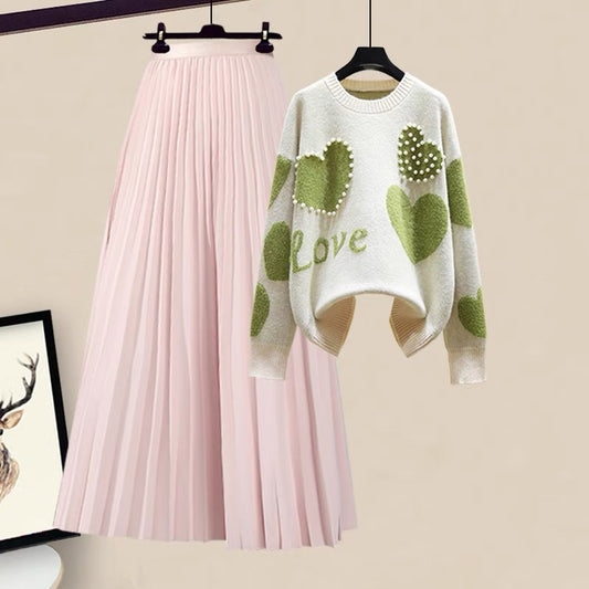 Autumn autumn clothes small fresh and sweet love knitted sweater skirt skirt small suit female autumn two-piece suit