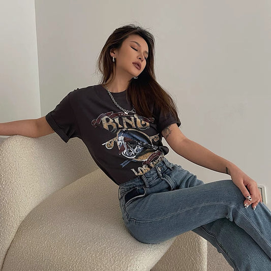 2022 summer new cool girl American retro motorcycle alphabet print short-sleeved T-shirt casual top