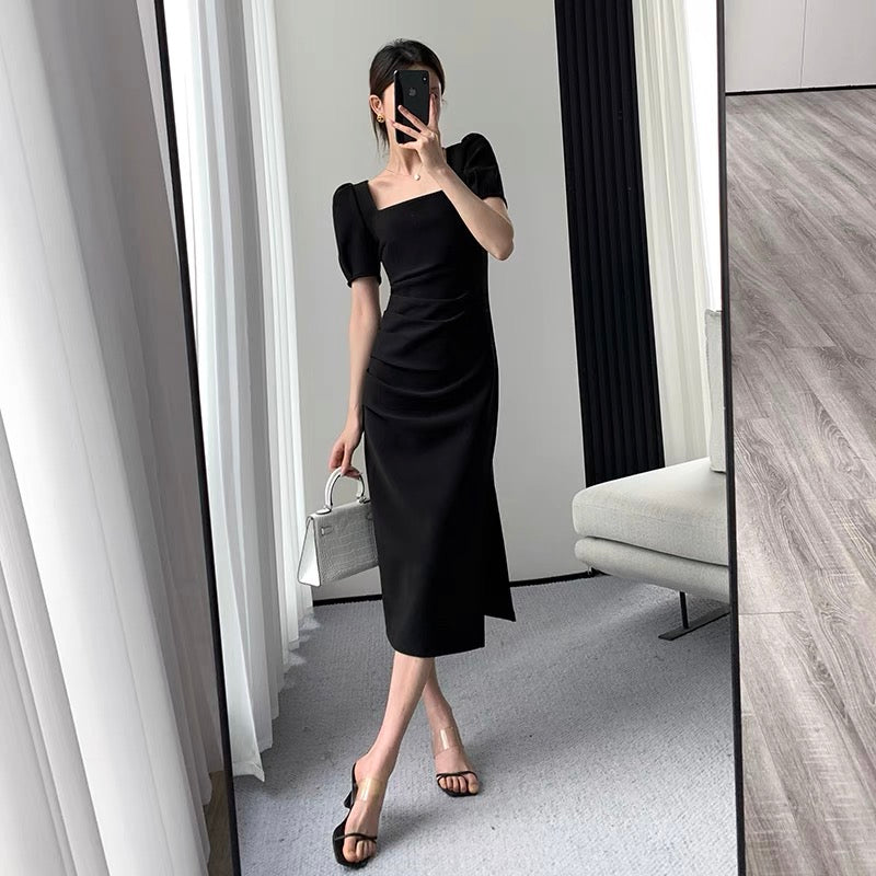 FT GUOGE black dress women's 2022 summer new waist slim French temperament Hepburn style square collar long skirt