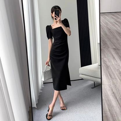 FT GUOGE black dress women's 2022 summer new waist slim French temperament Hepburn style square collar long skirt