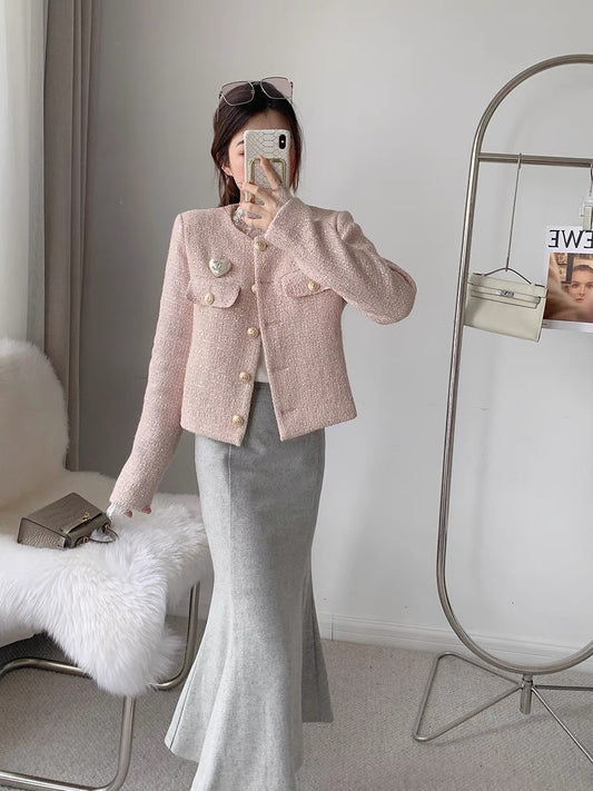 CHICROOM warm pink small fragrance coat women's spring sequins sweet little tweed short coat