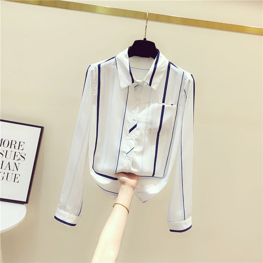 Striped shirt women's long-sleeved 2022 early autumn new light and familiar all-match top design sense niche chiffon fashion shirt