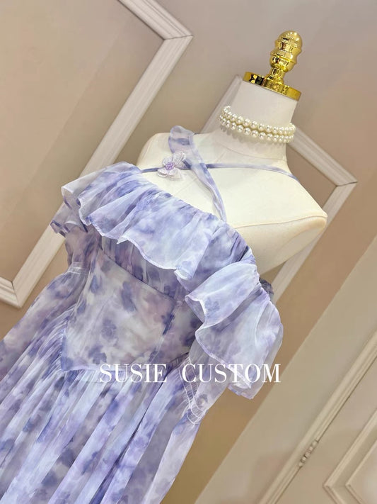 Fairy pure desire wind tie-dye print cross sling bow one-shoulder elastic strapless off-shoulder lotus leaf long skirt