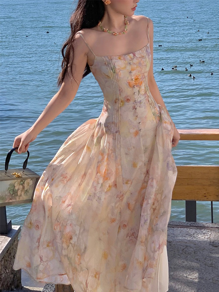 Xiaoli After the Rain Rose Floral Chiffon Sling Dress Spring 2023 New French Holiday Fairy Long Skirt