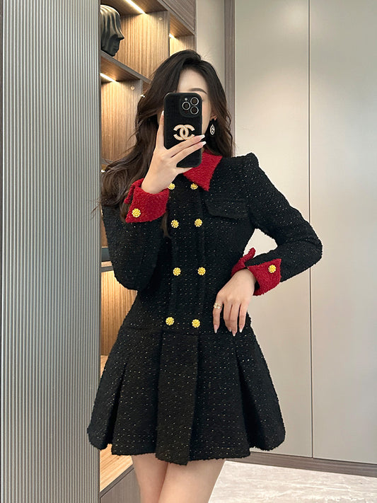 Black little fragrant dress women 2022 autumn and winter new high-end sense New Year clothing temperament waist pleated skirt