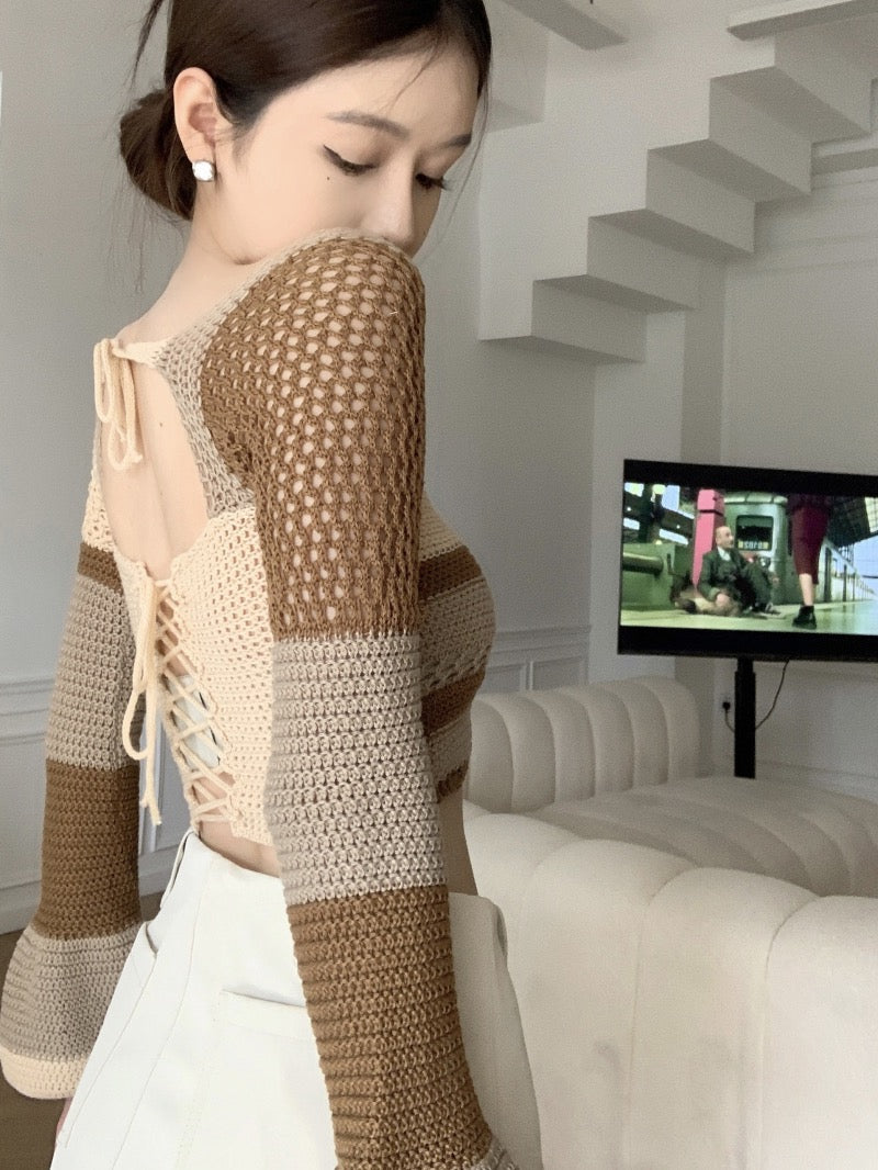 Hollow knitted bottoming shirt women's spring pure desire short hot girl square collar sexy slim long-sleeved inner sweater top