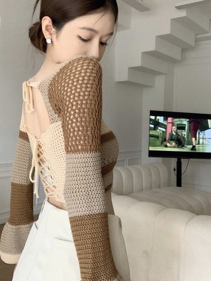 Hollow knitted bottoming shirt women's spring pure desire short hot girl square collar sexy slim long-sleeved inner sweater top