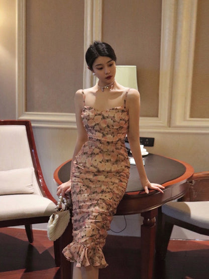 Thirteen and Little French Floral Dress Women's Summer Slim Thin Package Hip Skirt Sexy Sling Mermaid Skirt