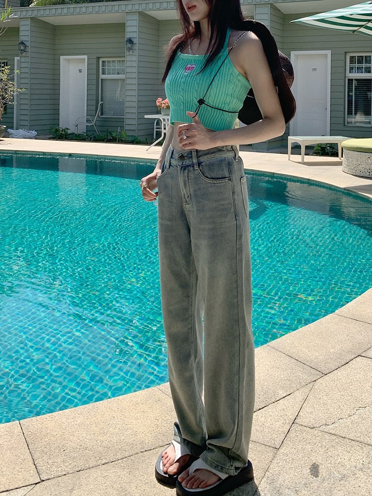 Light-colored jeans women's summer new Hong Kong style retro loose straight trousers high waist slim wide leg mopping pants