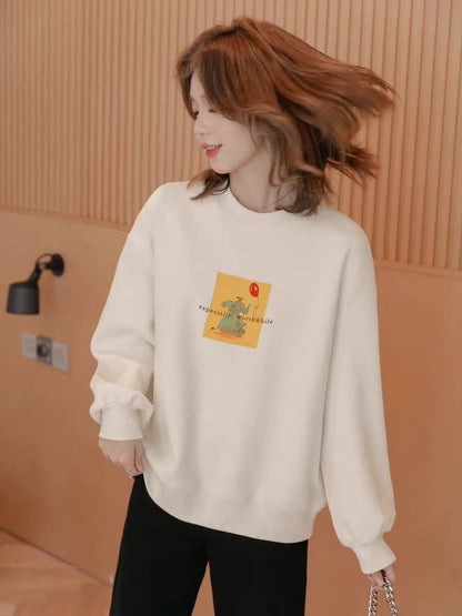 Small grain print fleece sweater women's autumn 2022 new small loose round neck pullover long-sleeved knitted top