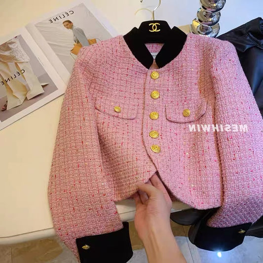 Pink long-sleeved jacket women's autumn and winter 2022 new style small fragrance small short tweed hit color top trend