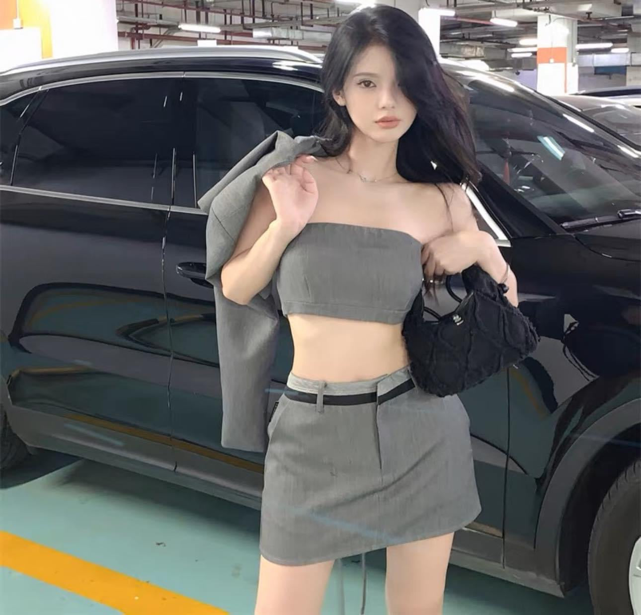 Women's Fashion Suit Autumn Retro Smoke Gray Design Casual Temperament Suit Jacket Tube Top Skirt Three-piece Set