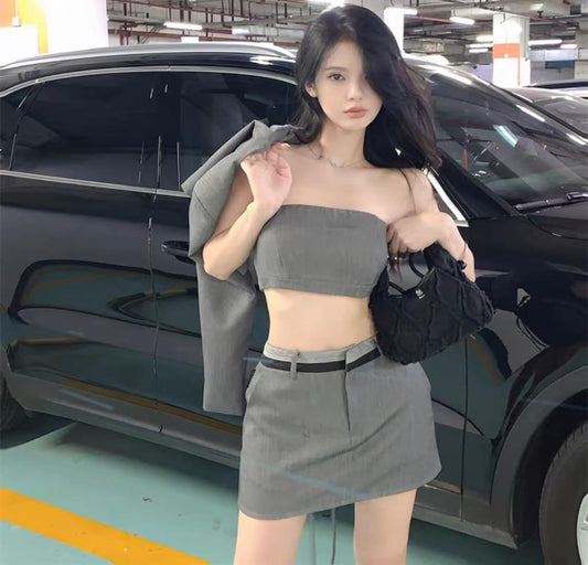Women's Fashion Suit Autumn Retro Smoke Gray Design Casual Temperament Suit Jacket Tube Top Skirt Three-piece Set