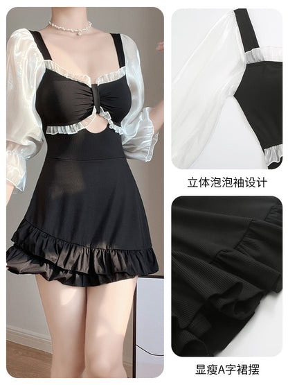 Yimeishan long-sleeved swimsuit women's one-piece conservative skirt style 2023 new hot style cover belly and look thin for students to soak in hot springs
