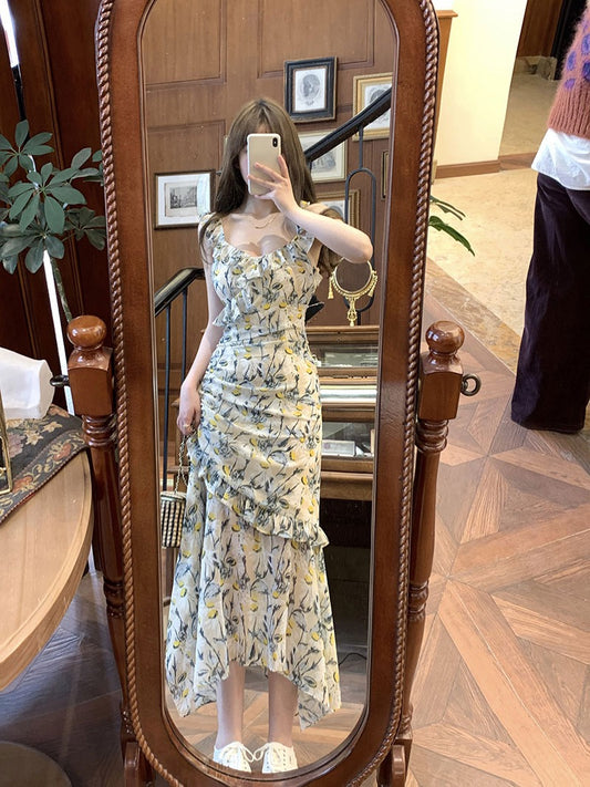 Kumikumi design feeling ruffles floral sling dress women's summer waist A-line skirt mid-length skirt