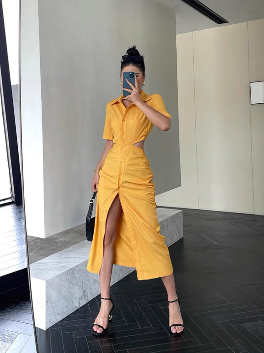 Hole-cut Short Sleeve Lapel Shirt Dress