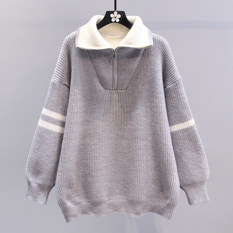 Contrasting color design sense half zipper sweater women's autumn and winter 2023 new loose lazy wind mid-length knitted sweater top