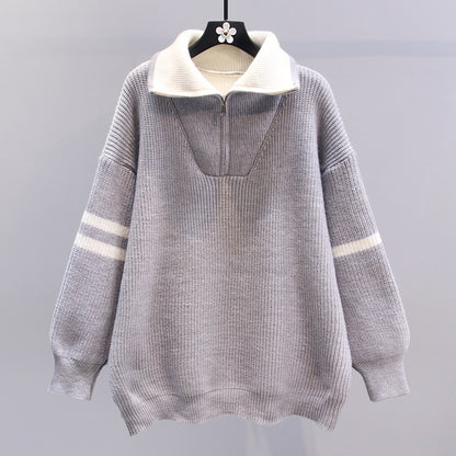 Contrasting color design sense half zipper sweater women's autumn and winter 2023 new loose lazy wind mid-length knitted sweater top