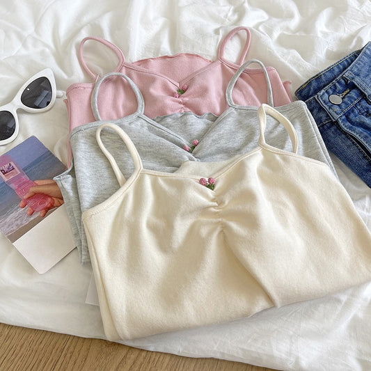 RENA self-made comfortable skin-friendly cotton brushed plush girl solid color small flower embroidery stretch slim camisole