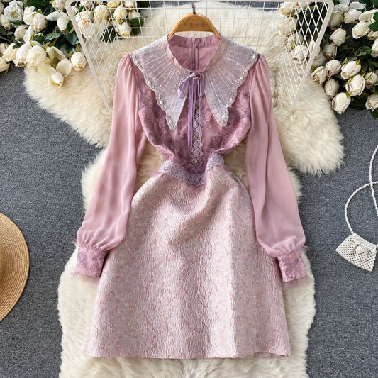 French Chic Stunning Waist Slim Temperament Long-sleeved Dress Summer Women's Doll Collar Hip Skirt Trendy
