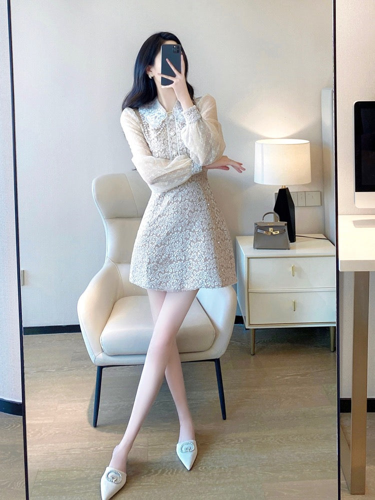 Heavy industry lace dress high-end sense 2023 spring new women's clothing temperament lady French jacquard court style skirt 2015u