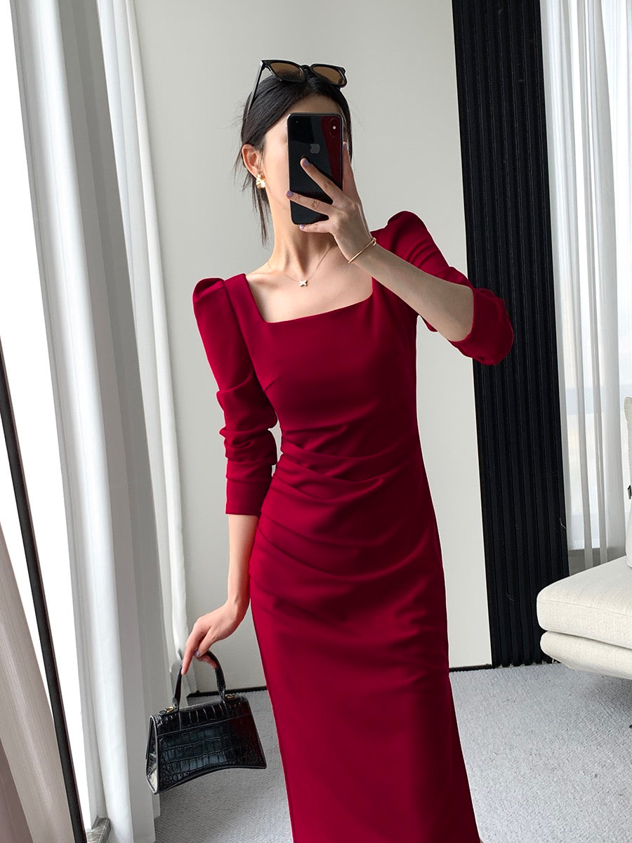 Guoge custom red dress female 2023 spring new long-sleeved French waist slim temperament square collar engagement dress