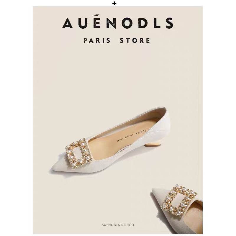 AUENODLS leather French square buckle pointed toe thick heel single shoes wedding shoes nude white simple and generous high heels women