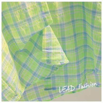 Fruit green single pocket cotton and linen plaid shirt women 2023 spring new Korean style loose casual shirt top tide