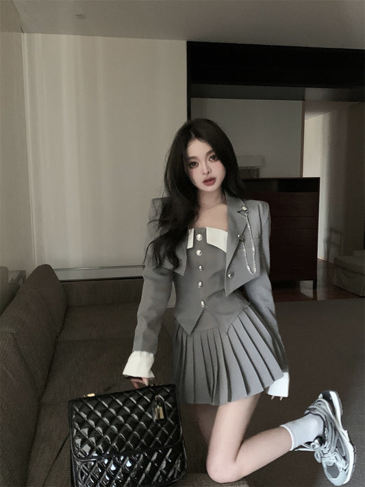 jk uniform suit tube top vest suit jacket women's spring high waist sexy pleated skirt skirt two-piece set