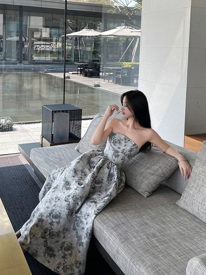 For Fay original spring and summer new cool and extravagant rose jacquard tube top dress princess fluffy dress