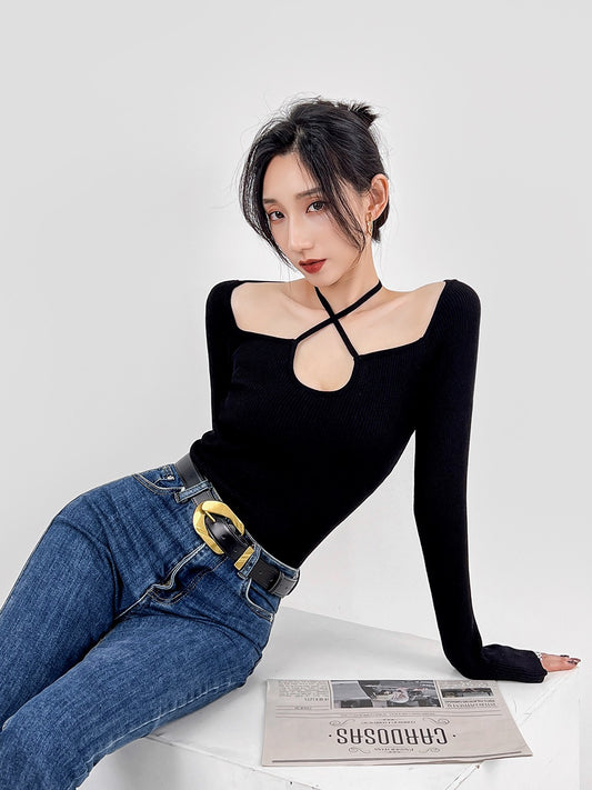 DOUBLE Z Cross Tie Halter Neck Knitwear Women Autumn and Winter Spice Girls Hollow Out Clavicle Slim Fit Bottom Sweater
