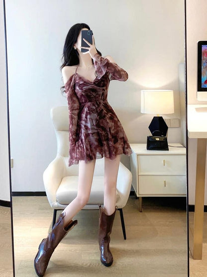 Printed dress women 2023 spring and autumn new temperament celebrity waist slimming one-line collar off-the-shoulder a-line suspender skirt