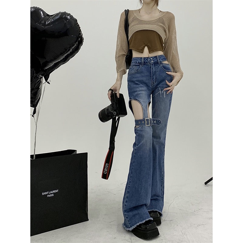 Spice Girls Scheming Jeans Spring 2023 New High Waist Fashion Temperament Hollow Bandage Slightly Wide Leg Trousers Women