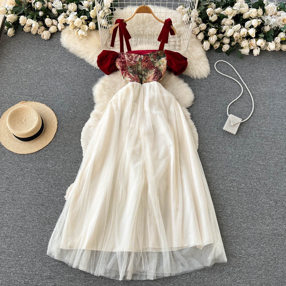 French retro niche design sense embroidered sling dress summer women's dress waist slimming mesh mid-length skirt