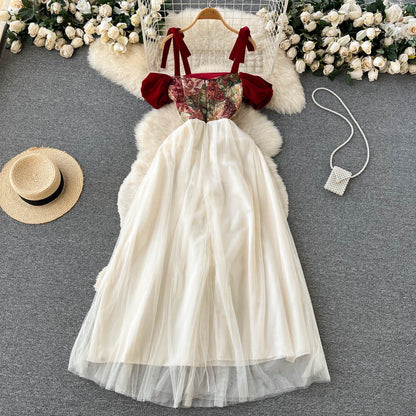 French retro niche design sense embroidered sling dress summer women's dress waist slimming mesh mid-length skirt