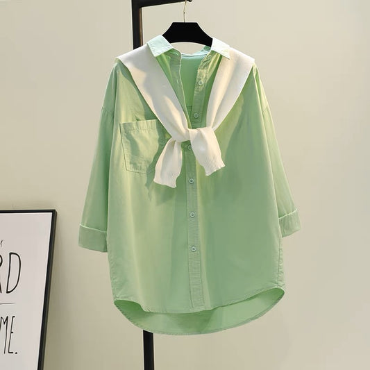 Bean paste green shawl two-piece set mid-length shirt women's 2023 spring new candy color literary shirt top trend